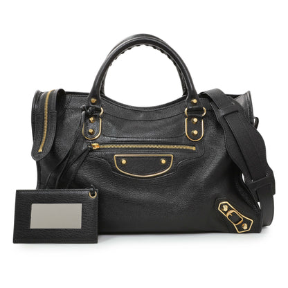 Exclusive Balenciaga Black Chevre Gold Metallic Edge Hardware City — Front View
