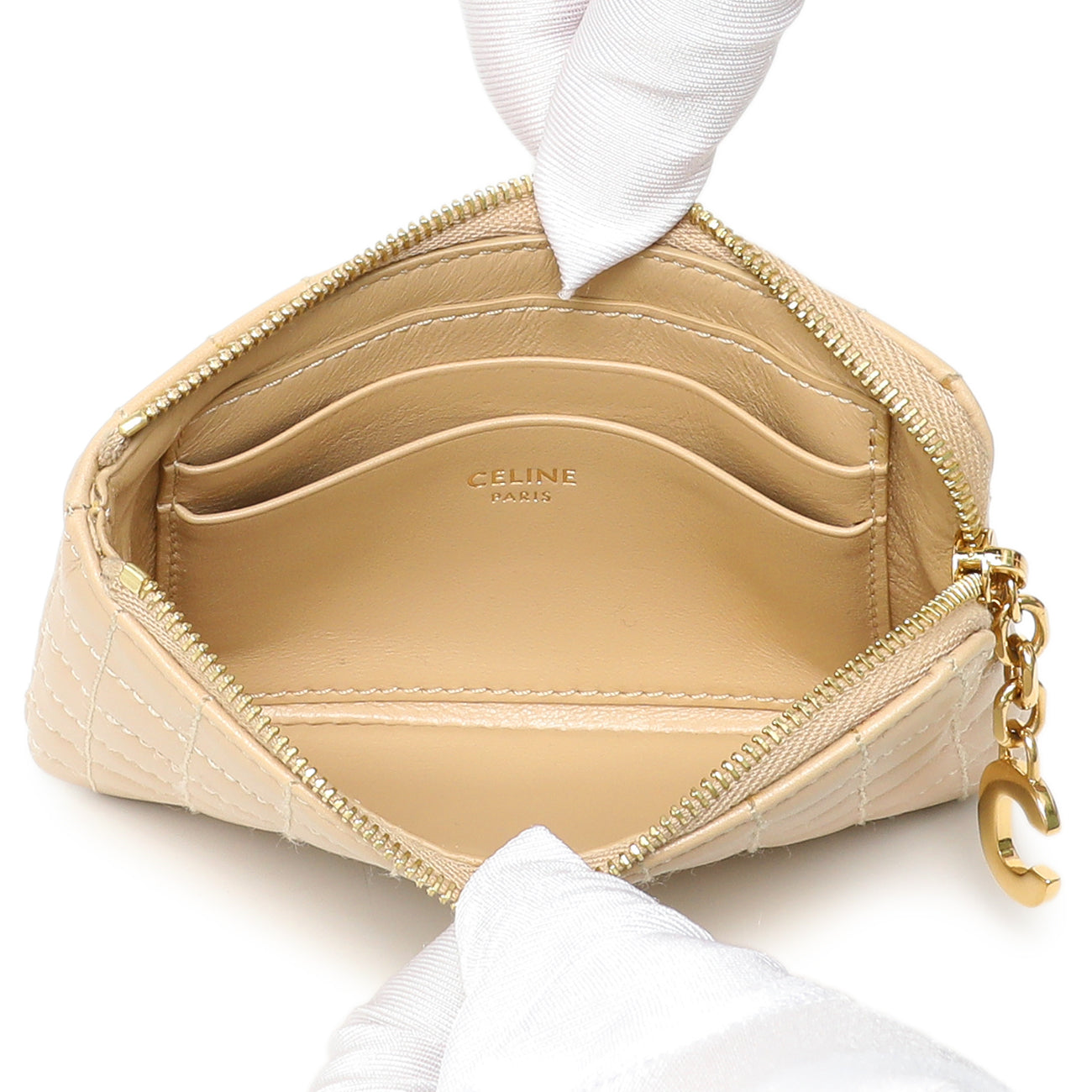 Exclusive Celine Nude Calfskin Quilted C Charm Coin Card Pouch — Top View