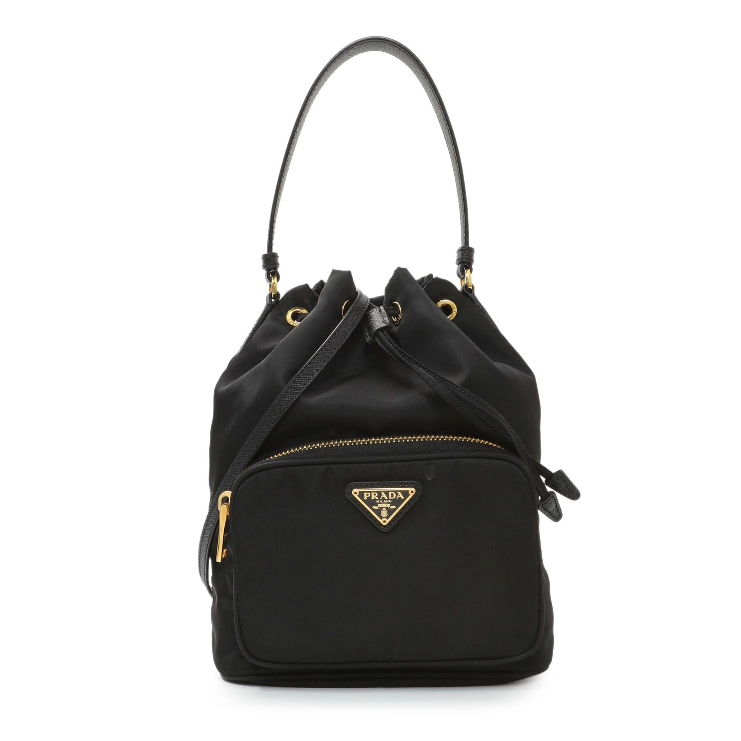 Exclusive Prada Black Re-Nylon Saffiano Duet Bucket Crossbody Bag — Front View