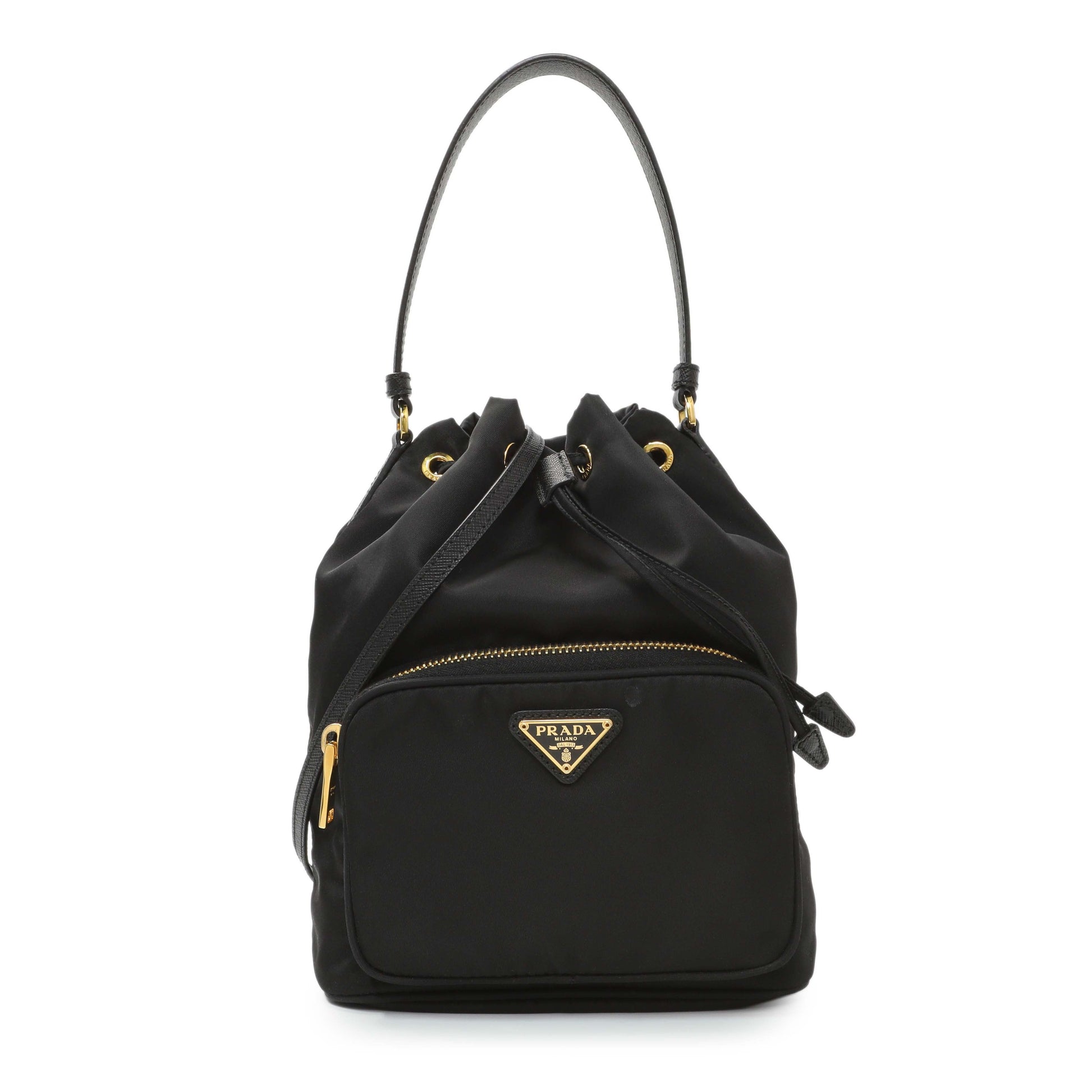 Exclusive Prada Black Re-Nylon Saffiano Duet Bucket Crossbody Bag — Front View