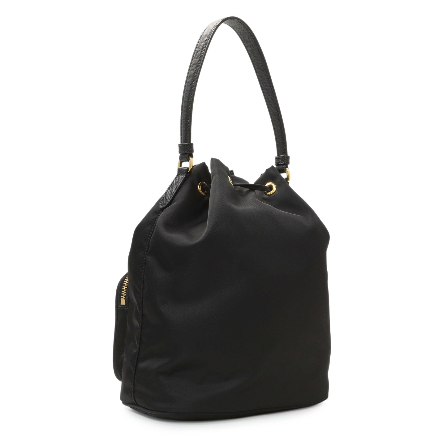 Exclusive Prada Black Re-Nylon Saffiano Duet Bucket Crossbody Bag — Side View