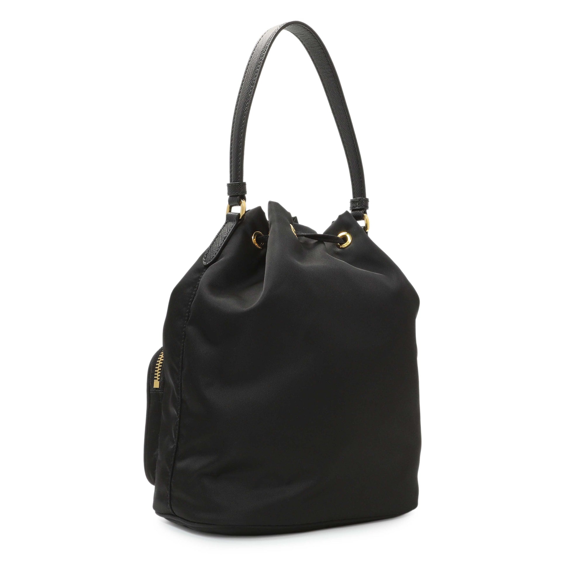 Exclusive Prada Black Re-Nylon Saffiano Duet Bucket Crossbody Bag — Side View