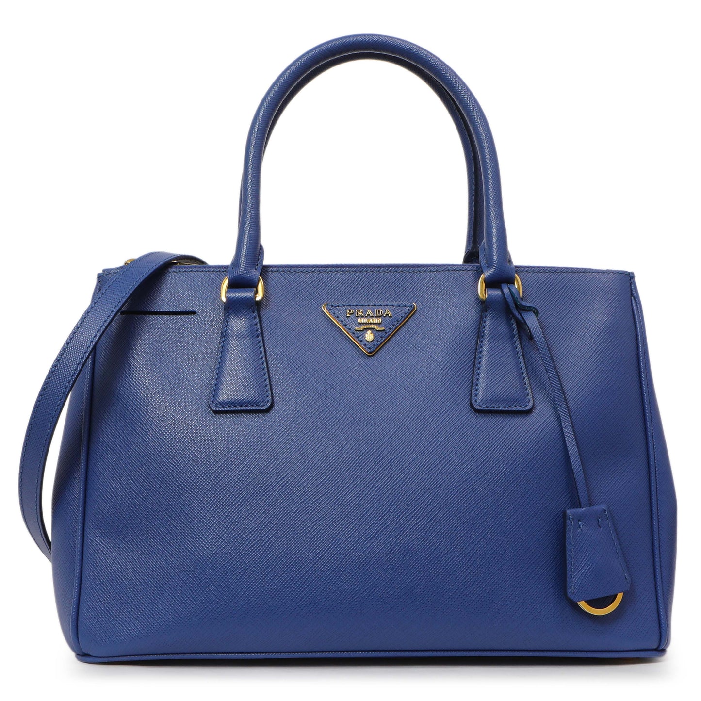 Exclusive Prada Blue Saffiano Small Galleria Double Zip Tote — Front View
