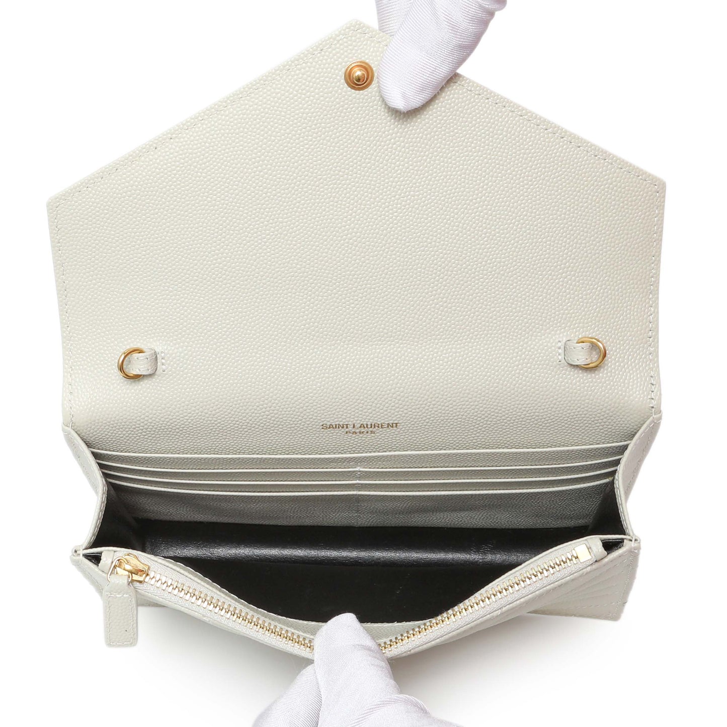 Exclusive Saint Laurent Crema Grain De Poudre Matelasse Chevron Monogram Envelope Chain Wallet — Top View