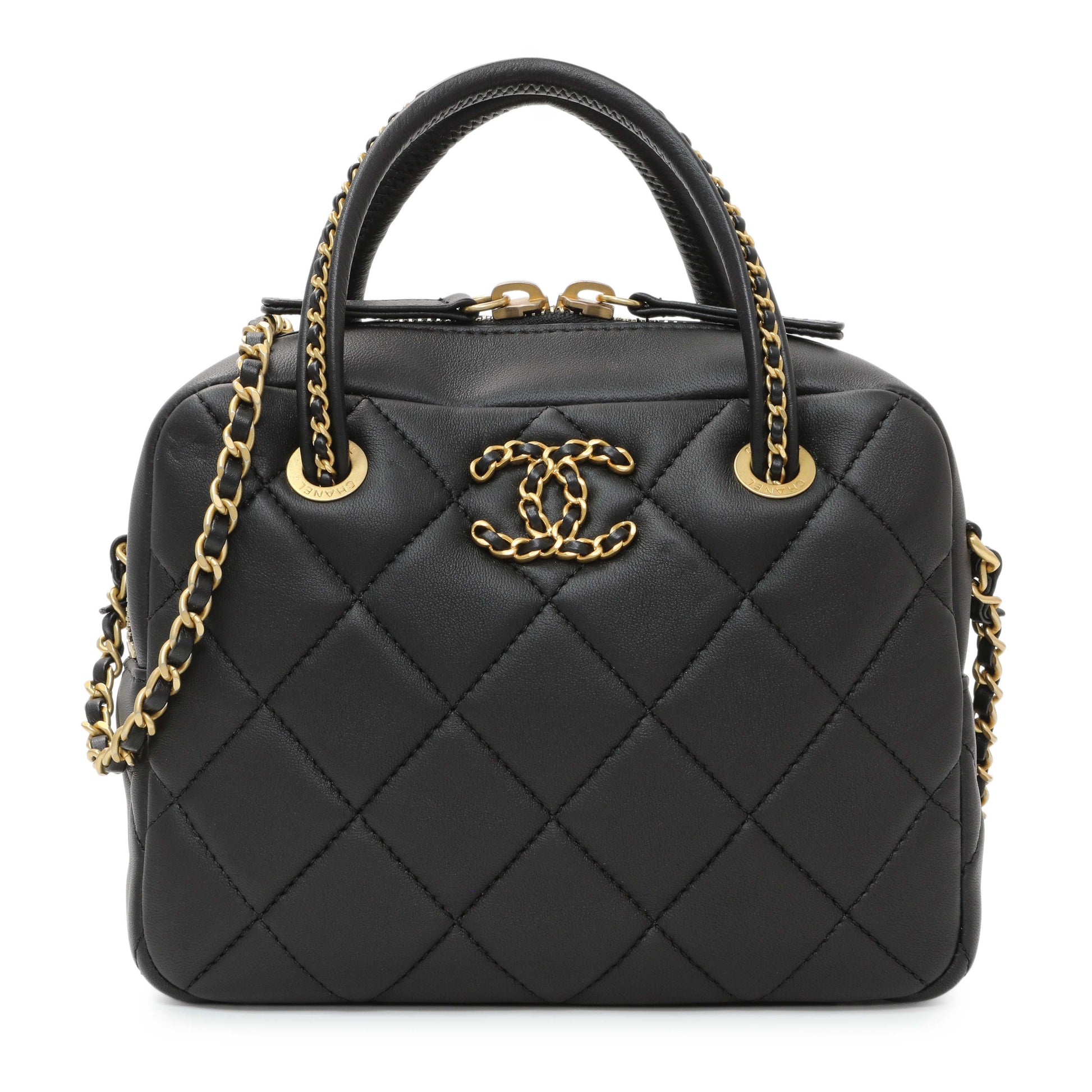 Exclusive Chanel Black Lambskin Mini Bowling Bag — Front View