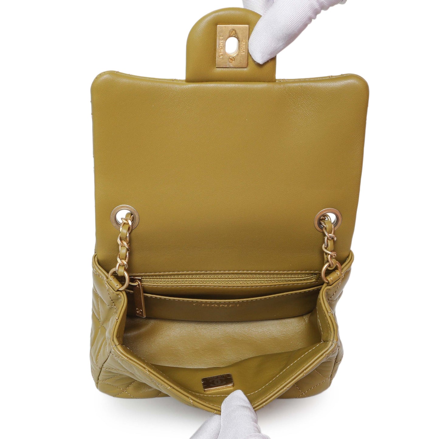 Exclusive Chanel Green Quilted Lambskin Mini Pearl Crush Flap — Top View