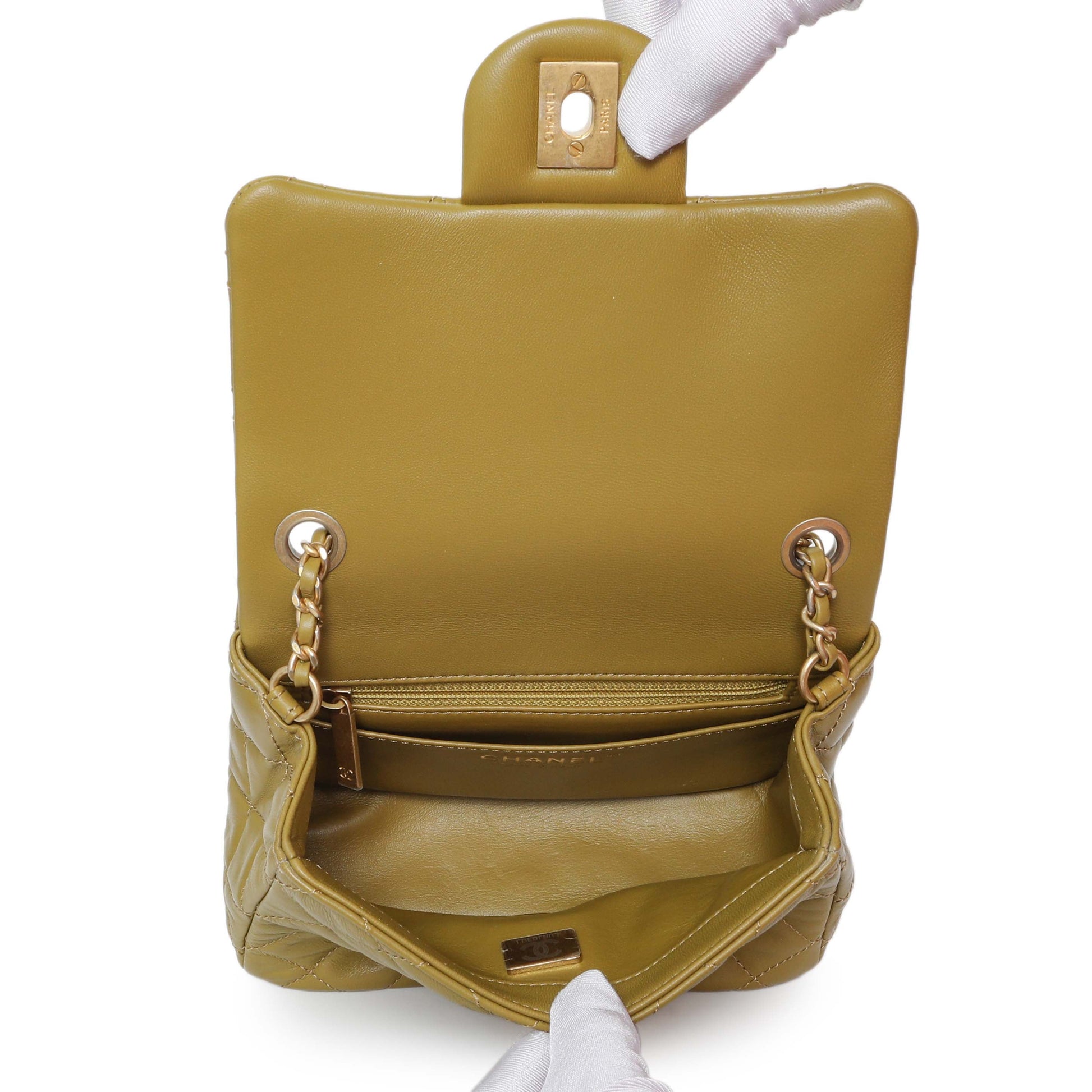 Exclusive Chanel Green Quilted Lambskin Mini Pearl Crush Flap — Top View