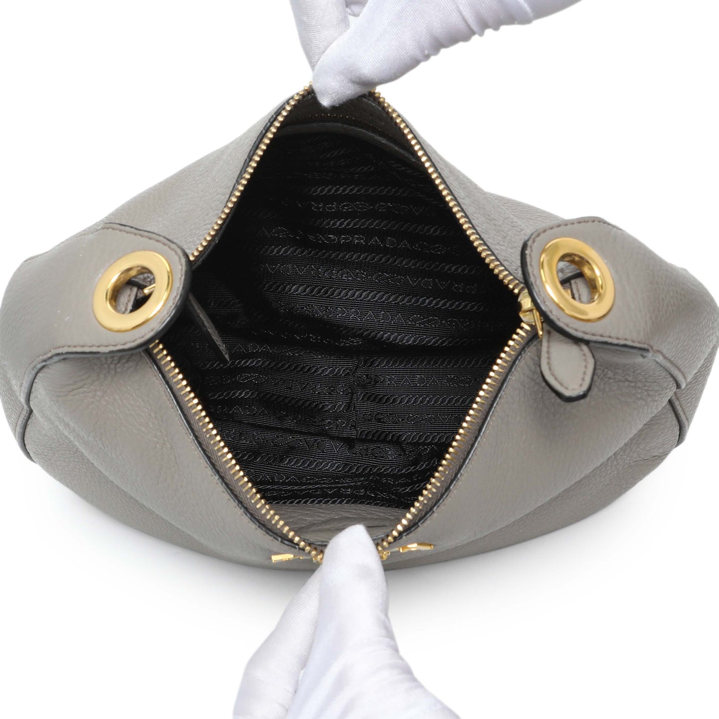 Exclusive Prada Grey Vitello Phenix Zippered Messenger Hobo — Top View