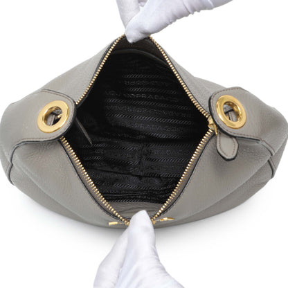 Exclusive Prada Grey Vitello Phenix Zippered Messenger Hobo — Top View