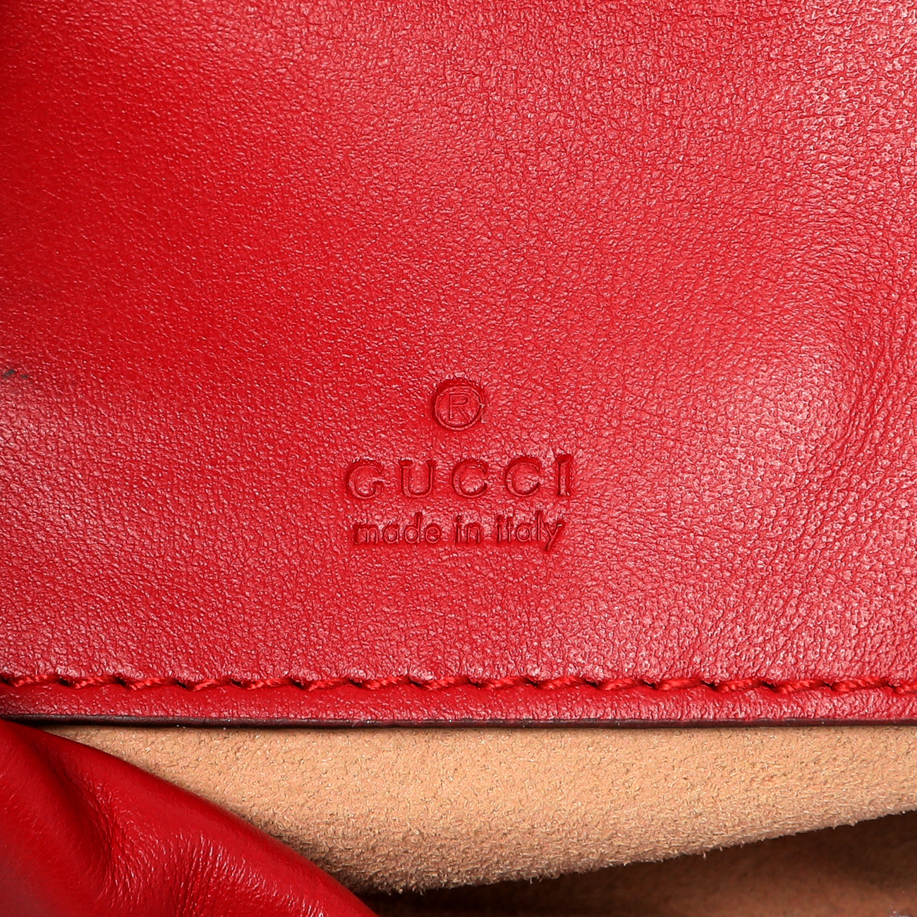 Exclusive Gucci Red Calfskin Matelasse Mini GG Marmont Bucket — Detail View