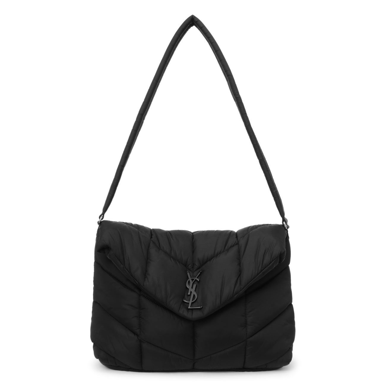 Exclusive Saint Laurent Black Econyl Nylon Lou Puffer Messenger — Front View