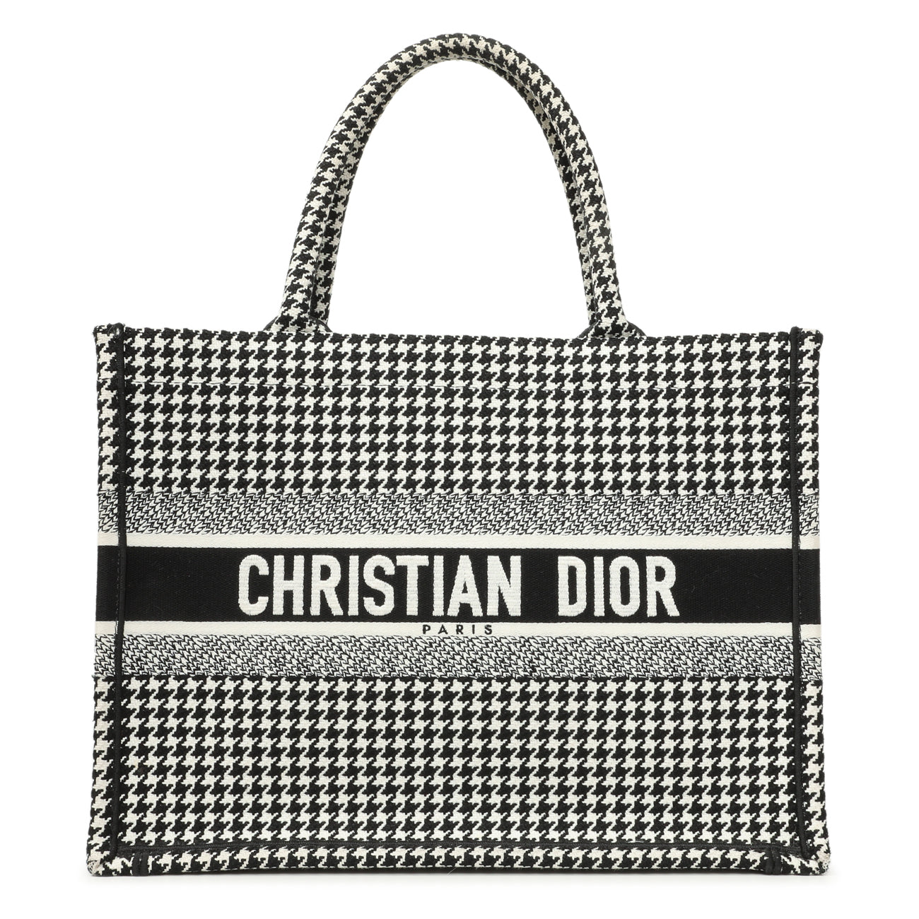Exclusive Christian Dior Black White Houndstooth Canvas Medium Book Tote — Front View