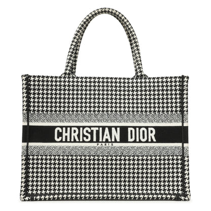 Exclusive Christian Dior Black White Houndstooth Canvas Medium Book Tote — Front View