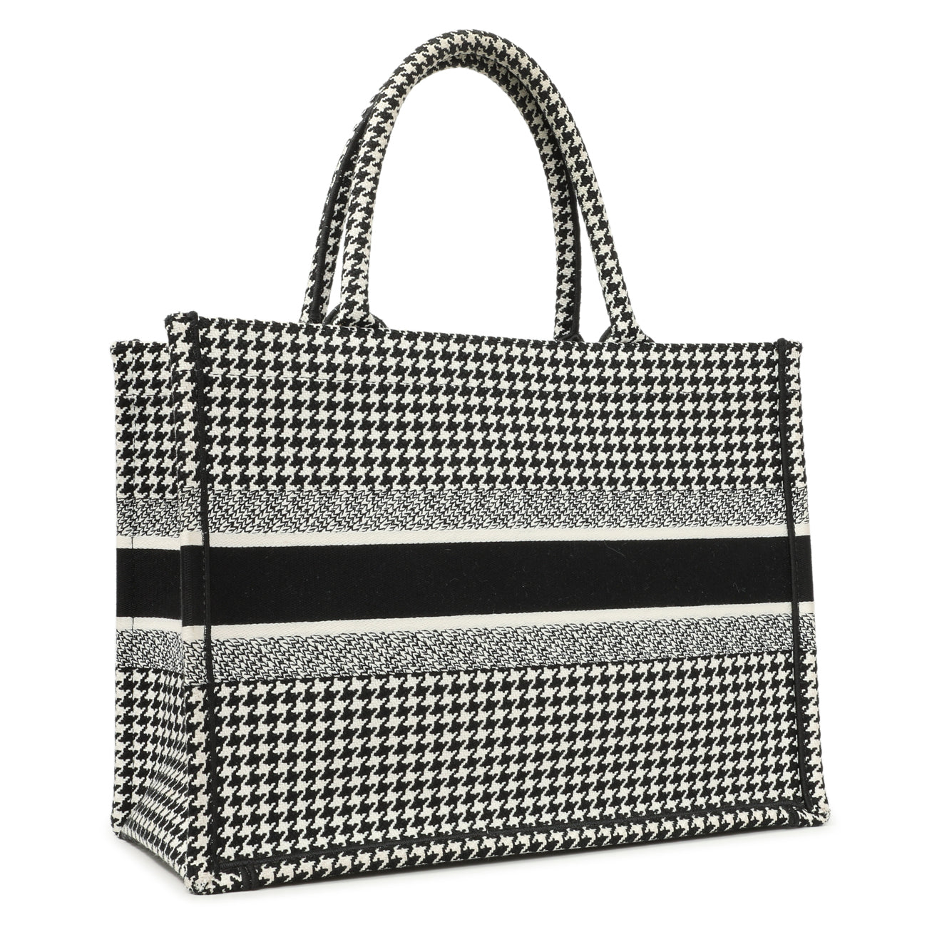 Exclusive Christian Dior Black White Houndstooth Canvas Medium Book Tote — Side View