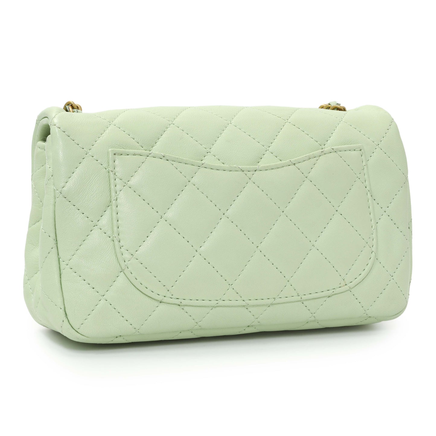 Exclusive Chanel Green Quilted Lambskin Mini Pearl Crush Rectangular Flap — Back View