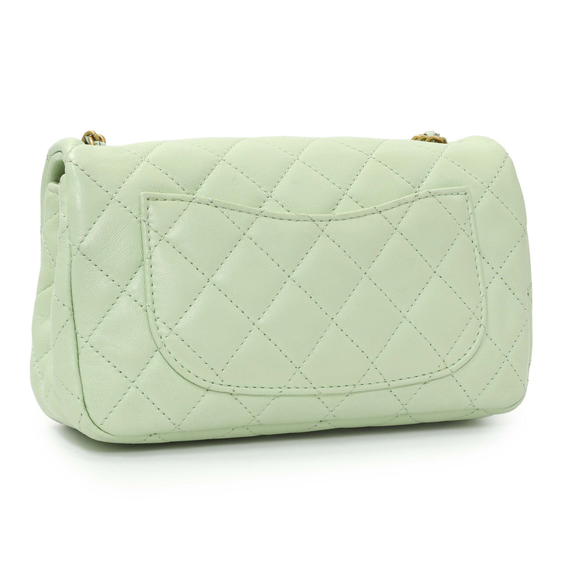 Exclusive Chanel Green Quilted Lambskin Mini Pearl Crush Rectangular Flap — Back View