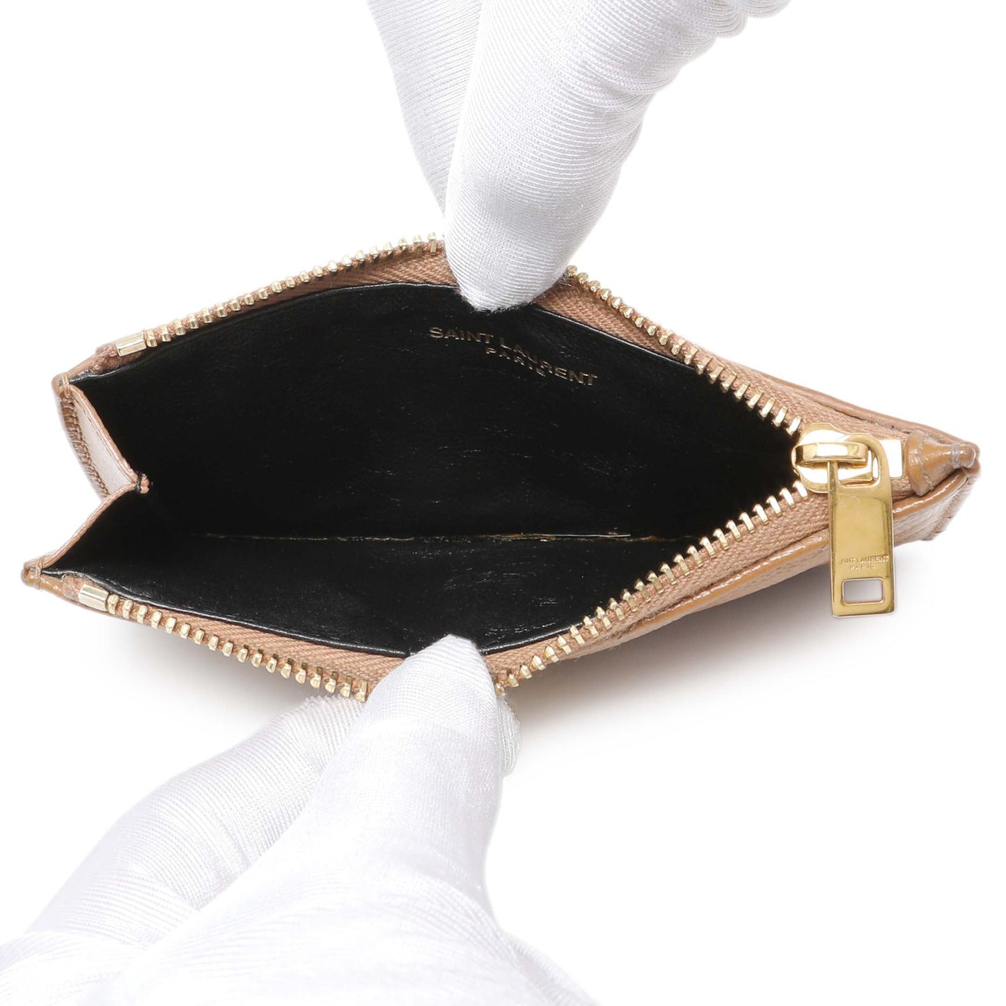 Exclusive Saint Laurent Brown Grain De Poudre Matelasse Chevron Monogram Fragments Zippered Card Case — Alternate View 8