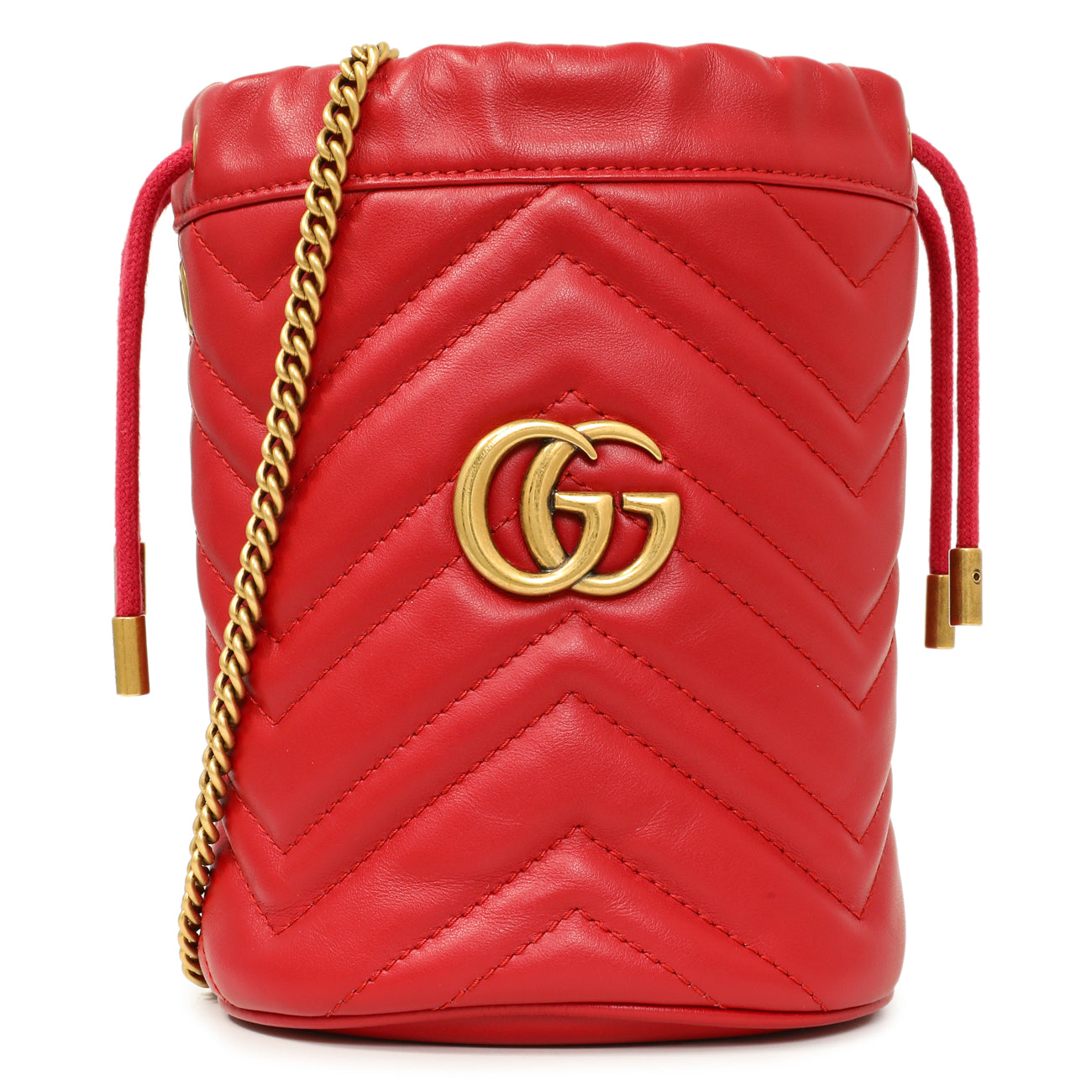 Exclusive Gucci Red Calfskin Matelasse Mini GG Marmont Bucket — Front View