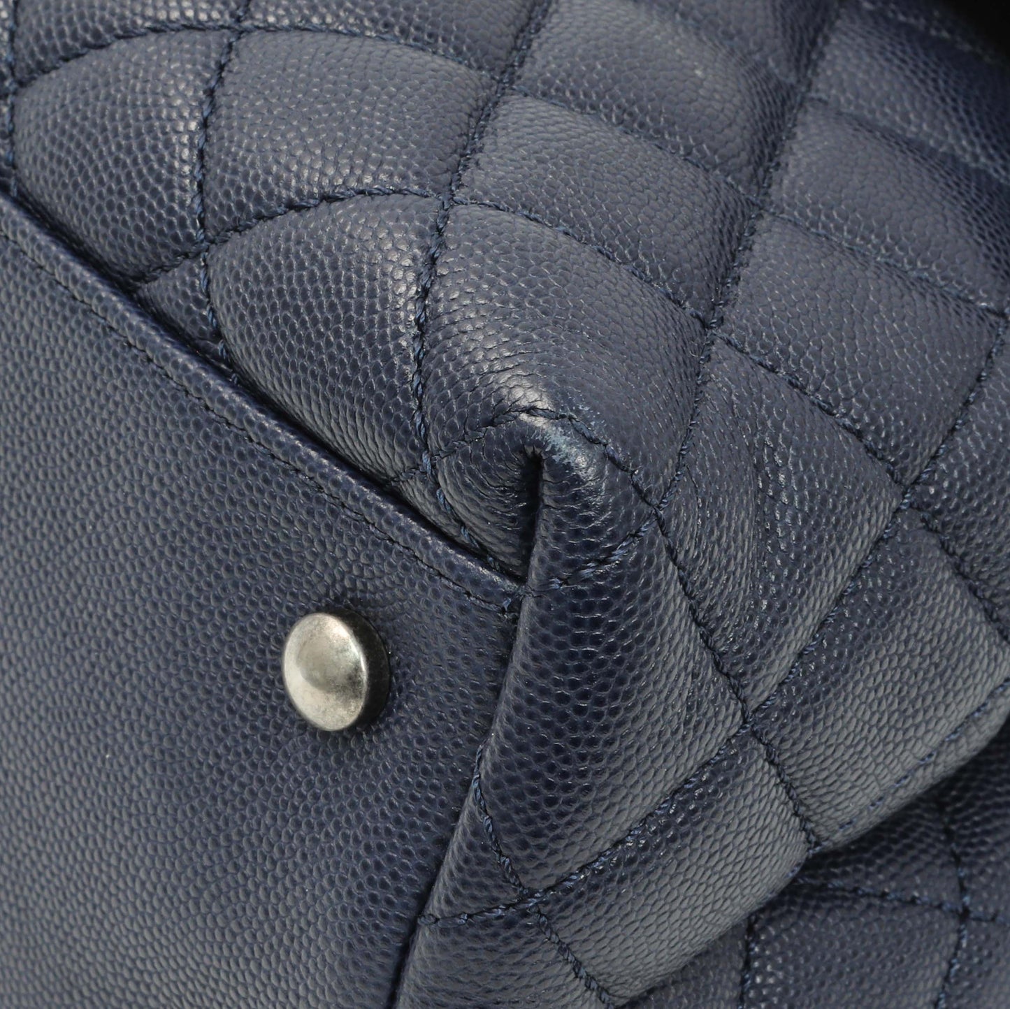 Exclusive Chanel Navy Quilted Caviar Lizard Medium Coco Handle — Detail View