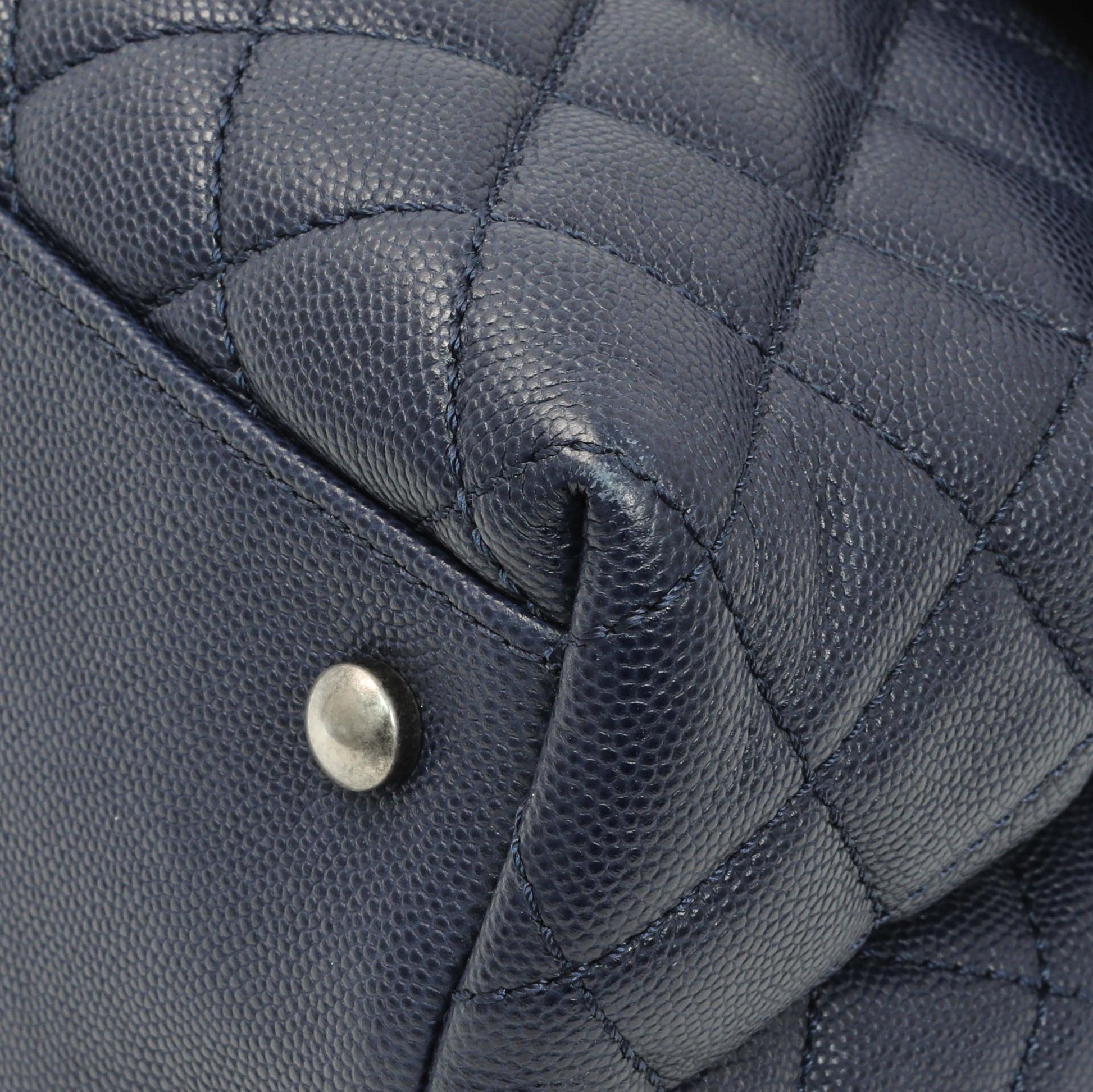 Exclusive Chanel Navy Quilted Caviar Lizard Medium Coco Handle — Detail View
