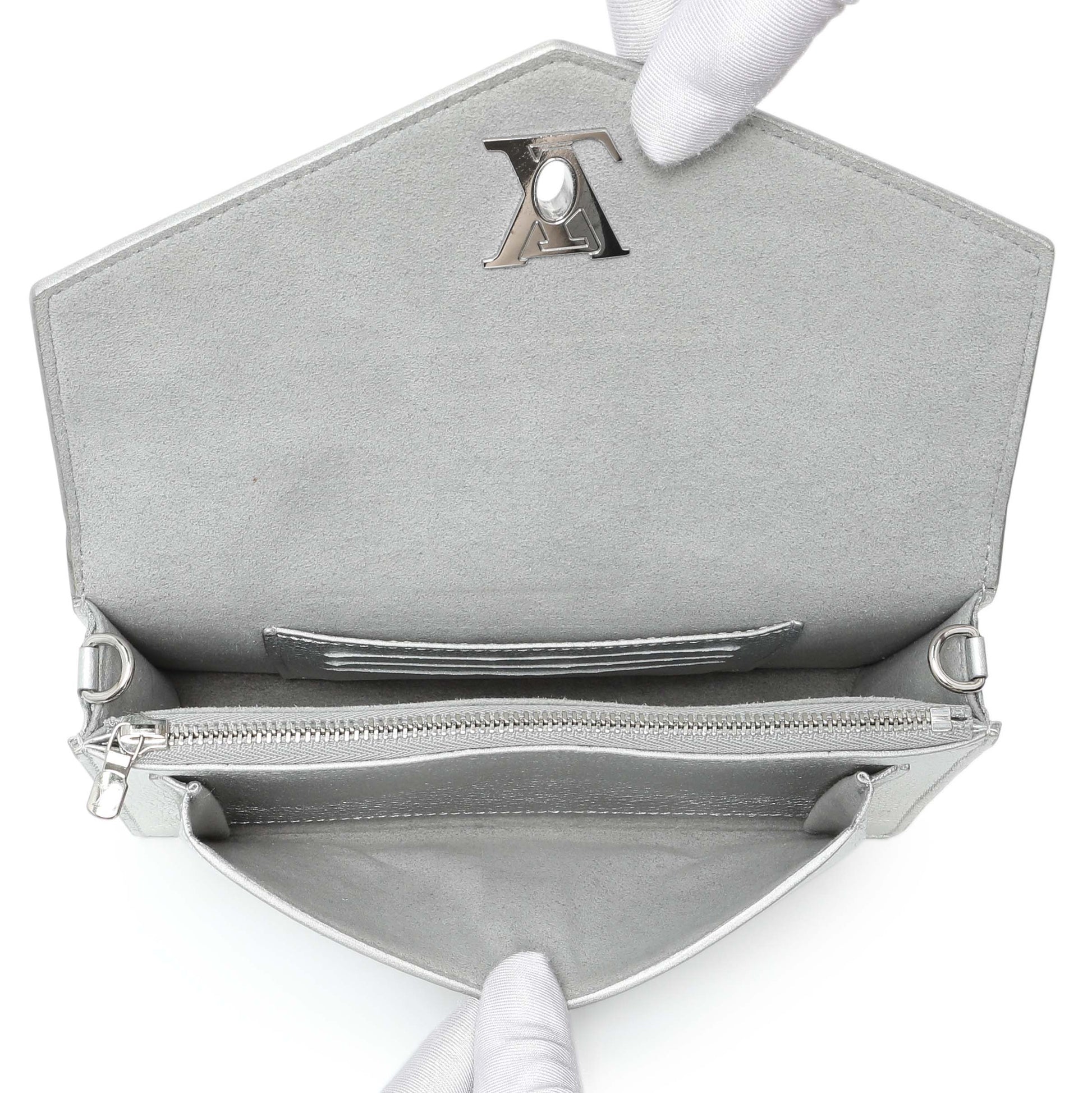 Exclusive Louis Vuitton Silver Soft Calfskin Mylockme Chain Pochette — Top View
