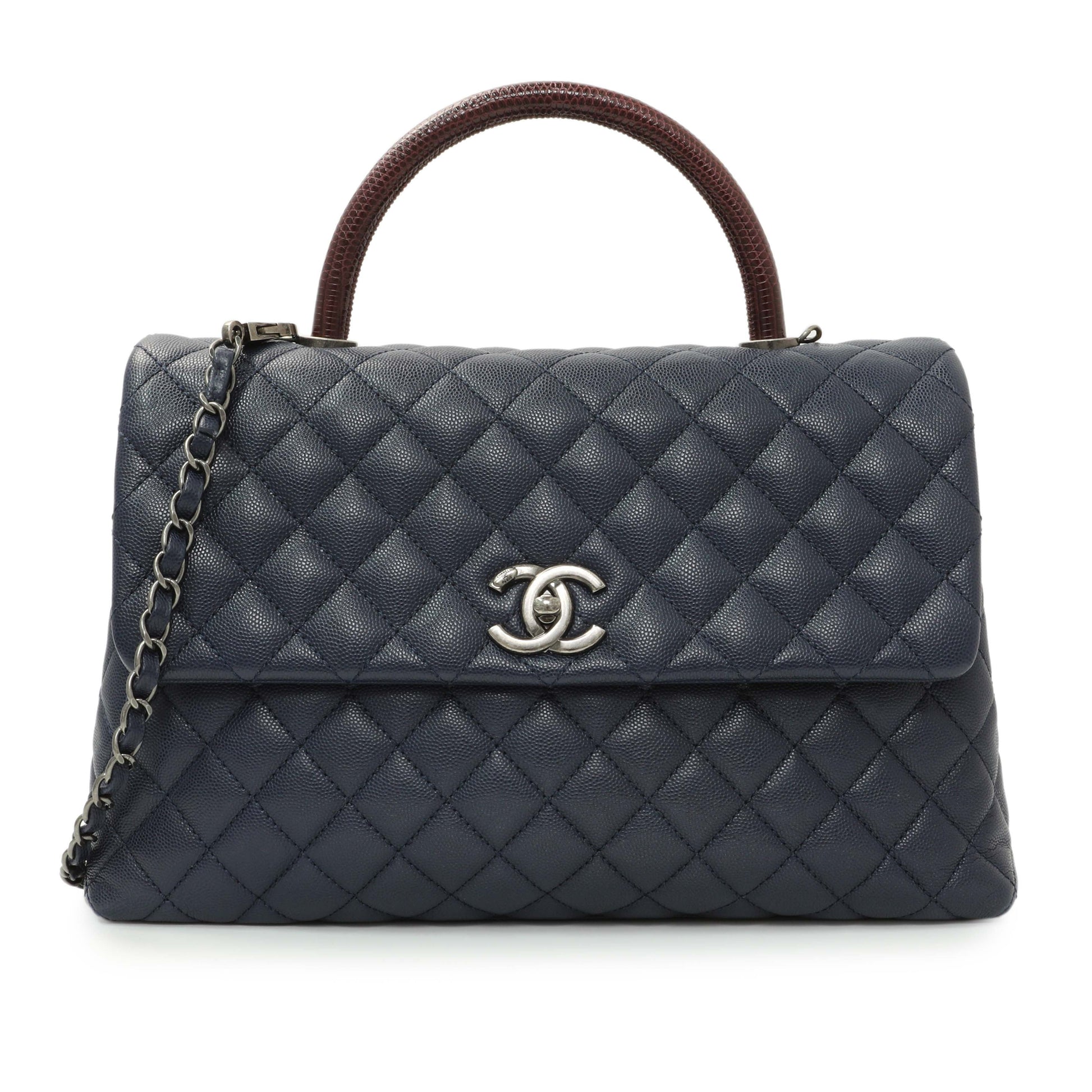 Exclusive Chanel Navy Quilted Caviar Lizard Medium Coco Handle — Front View