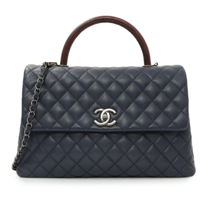 Exclusive Chanel Navy Quilted Caviar Lizard Medium Coco Handle — Front View
