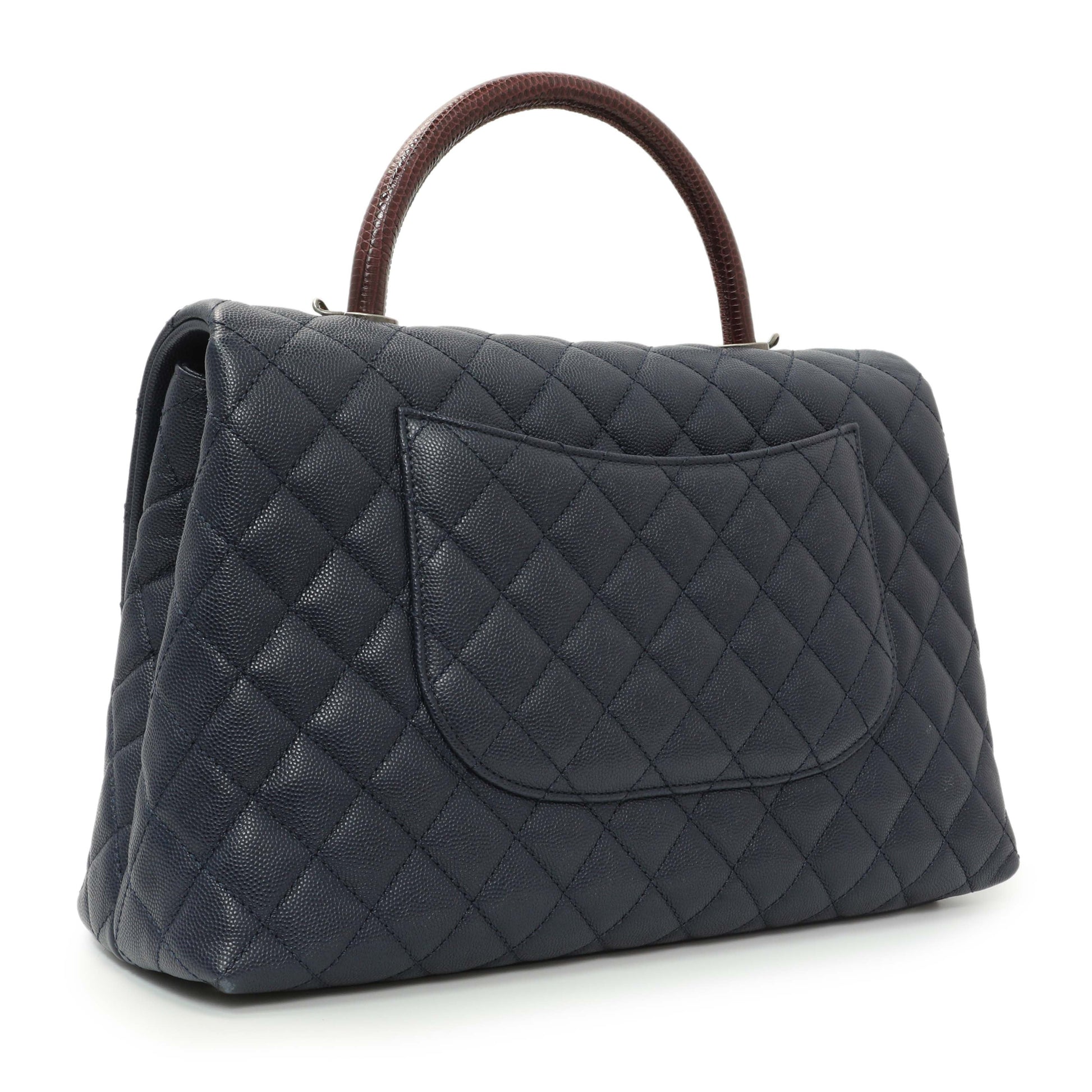 Exclusive Chanel Navy Quilted Caviar Lizard Medium Coco Handle — Side View