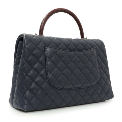 Exclusive Chanel Navy Quilted Caviar Lizard Medium Coco Handle — Side View