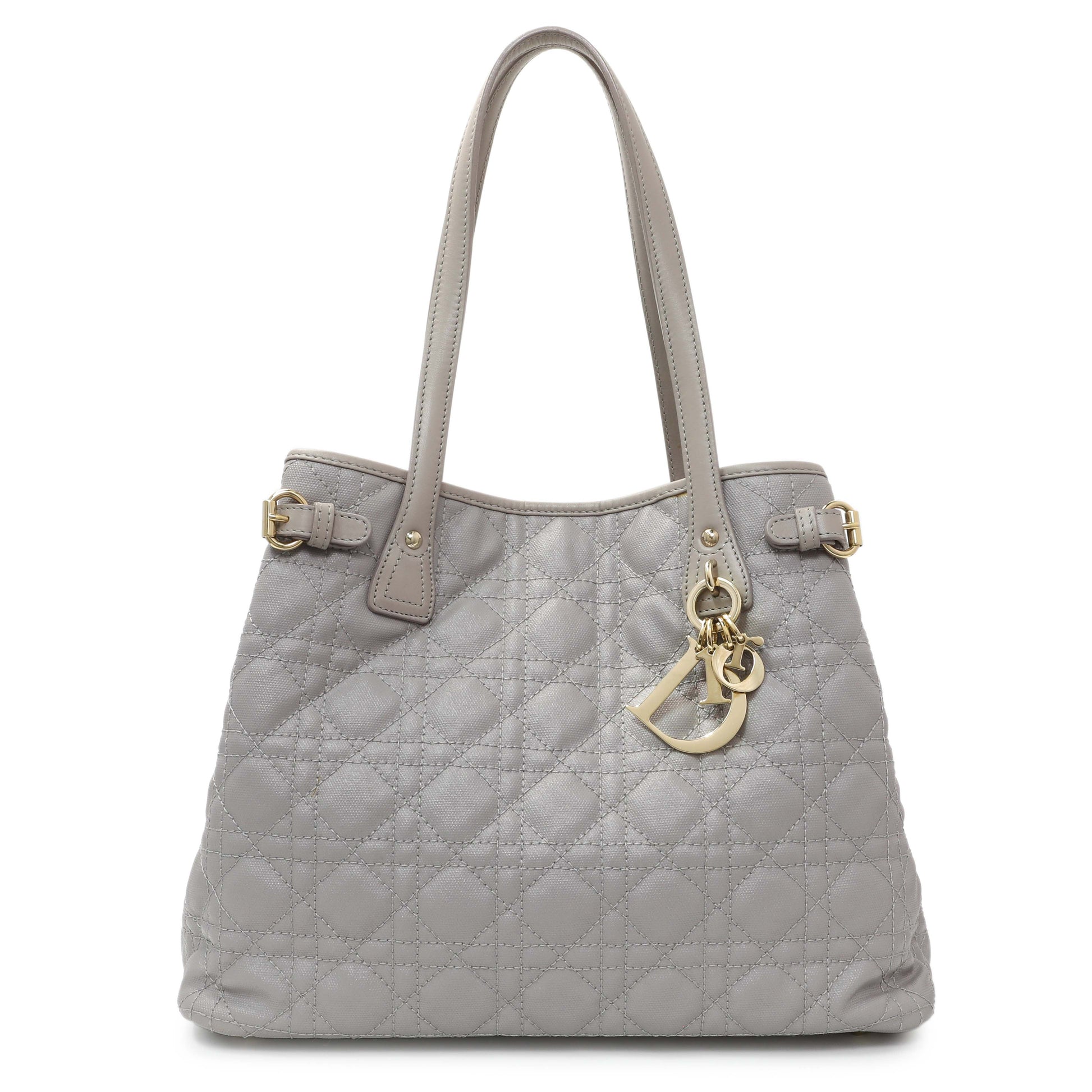 Exclusive Christian Dior Grey Coated Canvas Cannage Small Panarea Tote — Front View