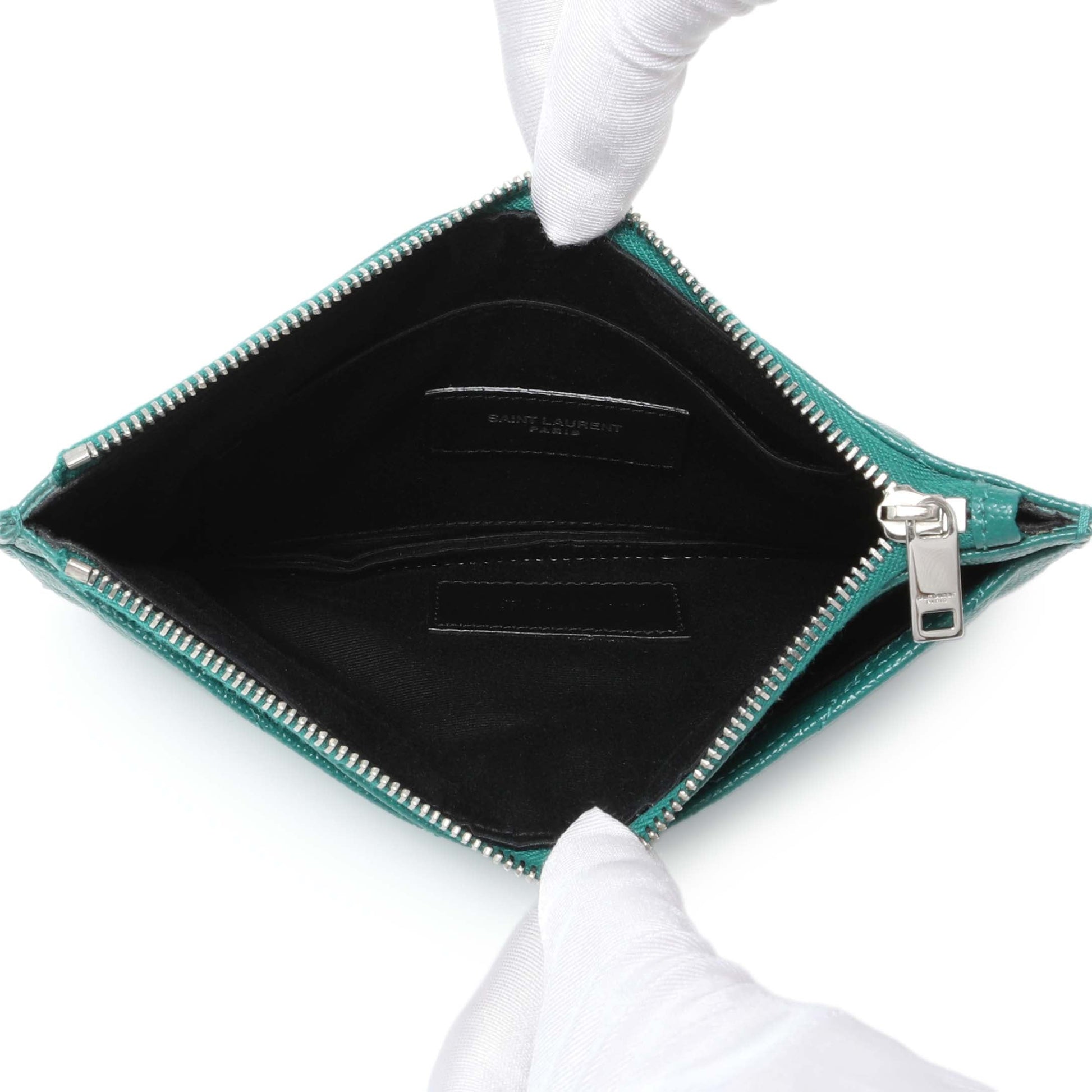 Exclusive Saint Laurent Teal Grain De Poudre Chevron Monogram Bill Pouch — Lifestyle View