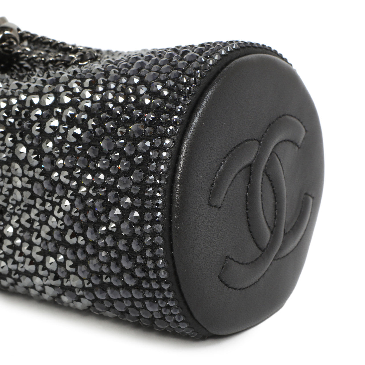 Exclusive Chanel Black Lambskin Strass Mini Bucket Bag — Detail View