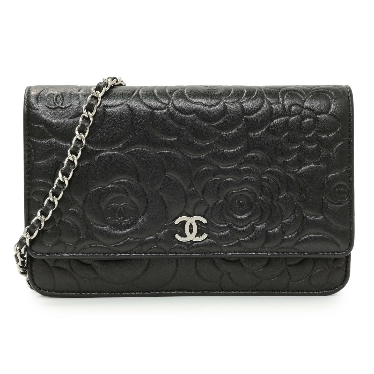 Exclusive Chanel Black Lambskin Camellia Embossed Wallet on Chain — Front View