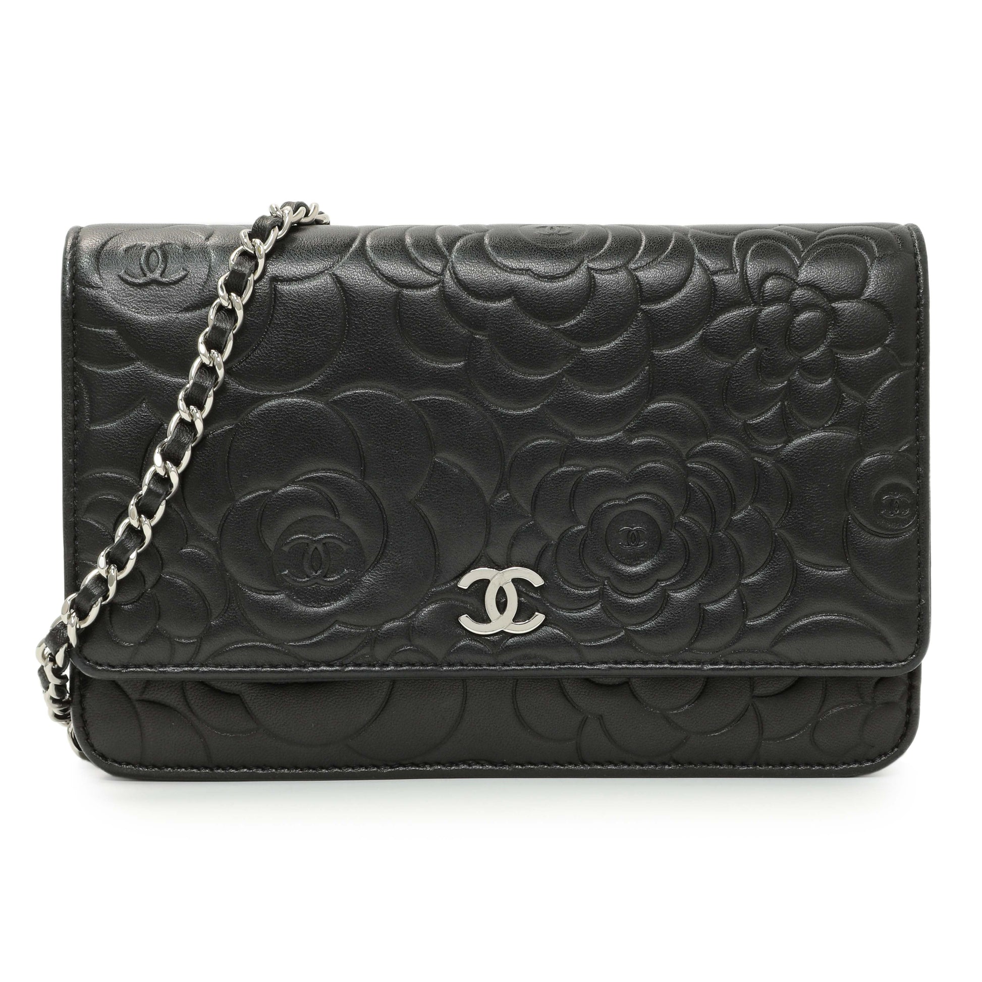 Exclusive Chanel Black Lambskin Camellia Embossed Wallet on Chain — Front View