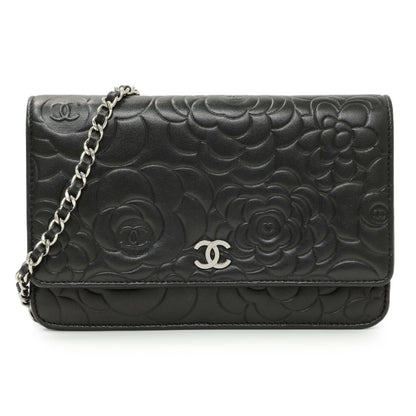 Exclusive Chanel Black Lambskin Camellia Embossed Wallet on Chain — Front View
