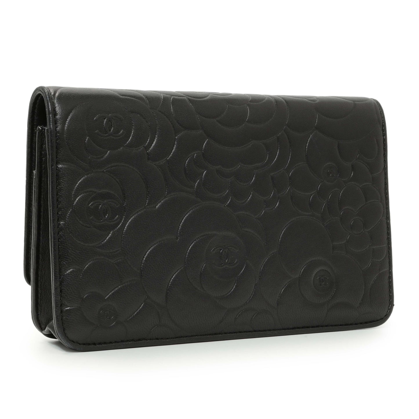 Exclusive Chanel Black Lambskin Camellia Embossed Wallet on Chain — Side View