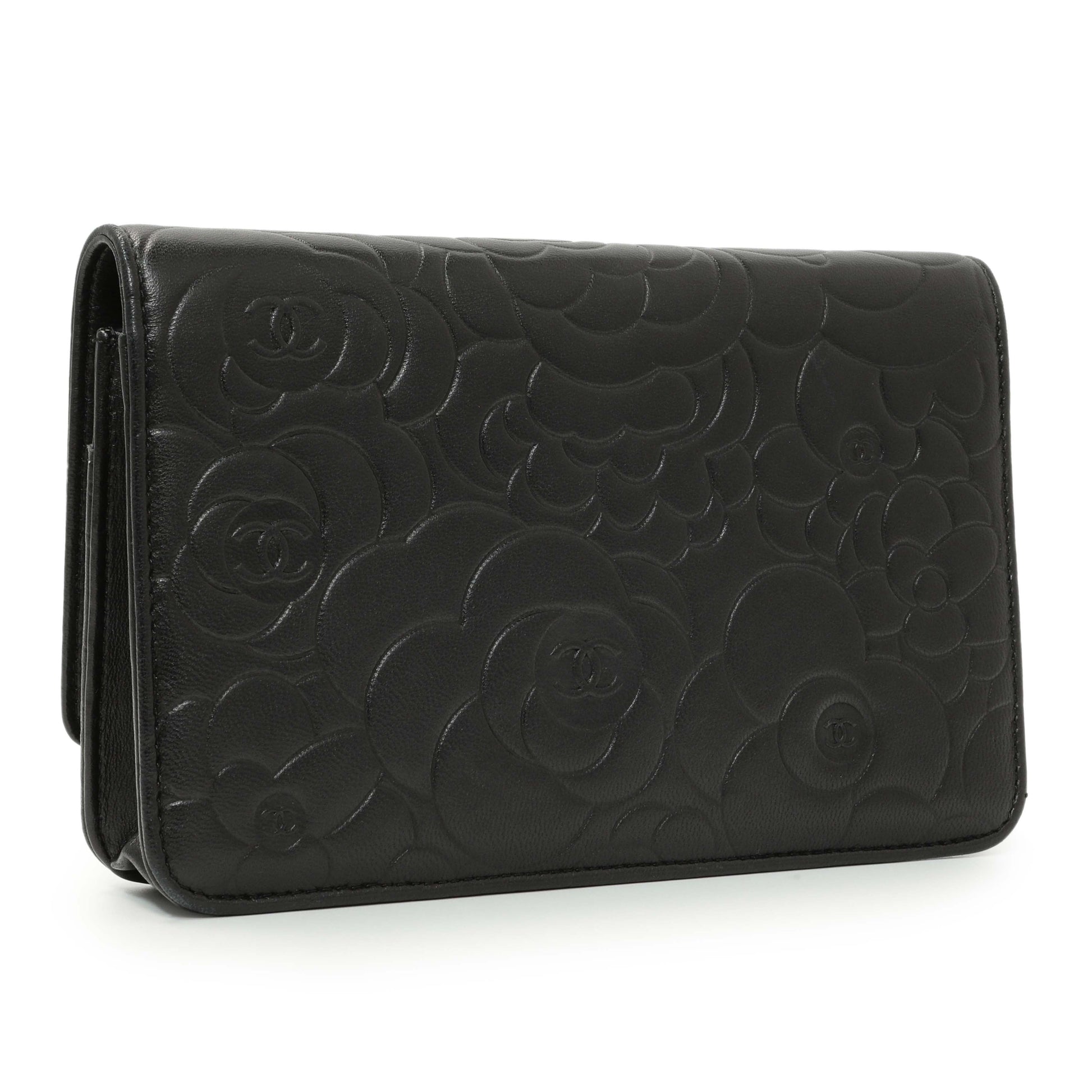 Exclusive Chanel Black Lambskin Camellia Embossed Wallet on Chain — Side View