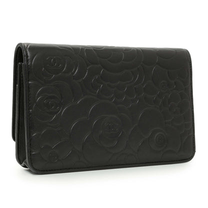 Exclusive Chanel Black Lambskin Camellia Embossed Wallet on Chain — Side View