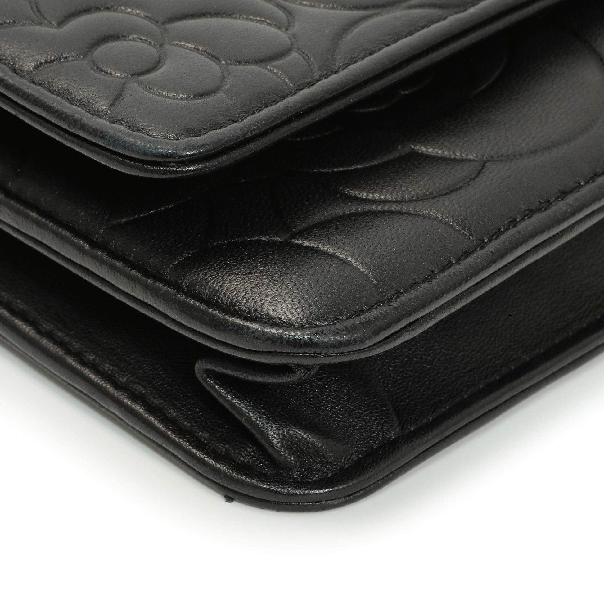 Exclusive Chanel Black Lambskin Camellia Embossed Wallet on Chain — Top View