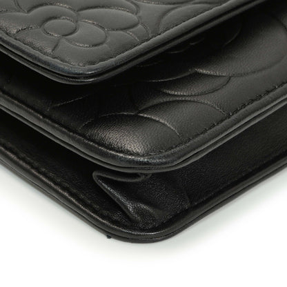 Exclusive Chanel Black Lambskin Camellia Embossed Wallet on Chain — Top View