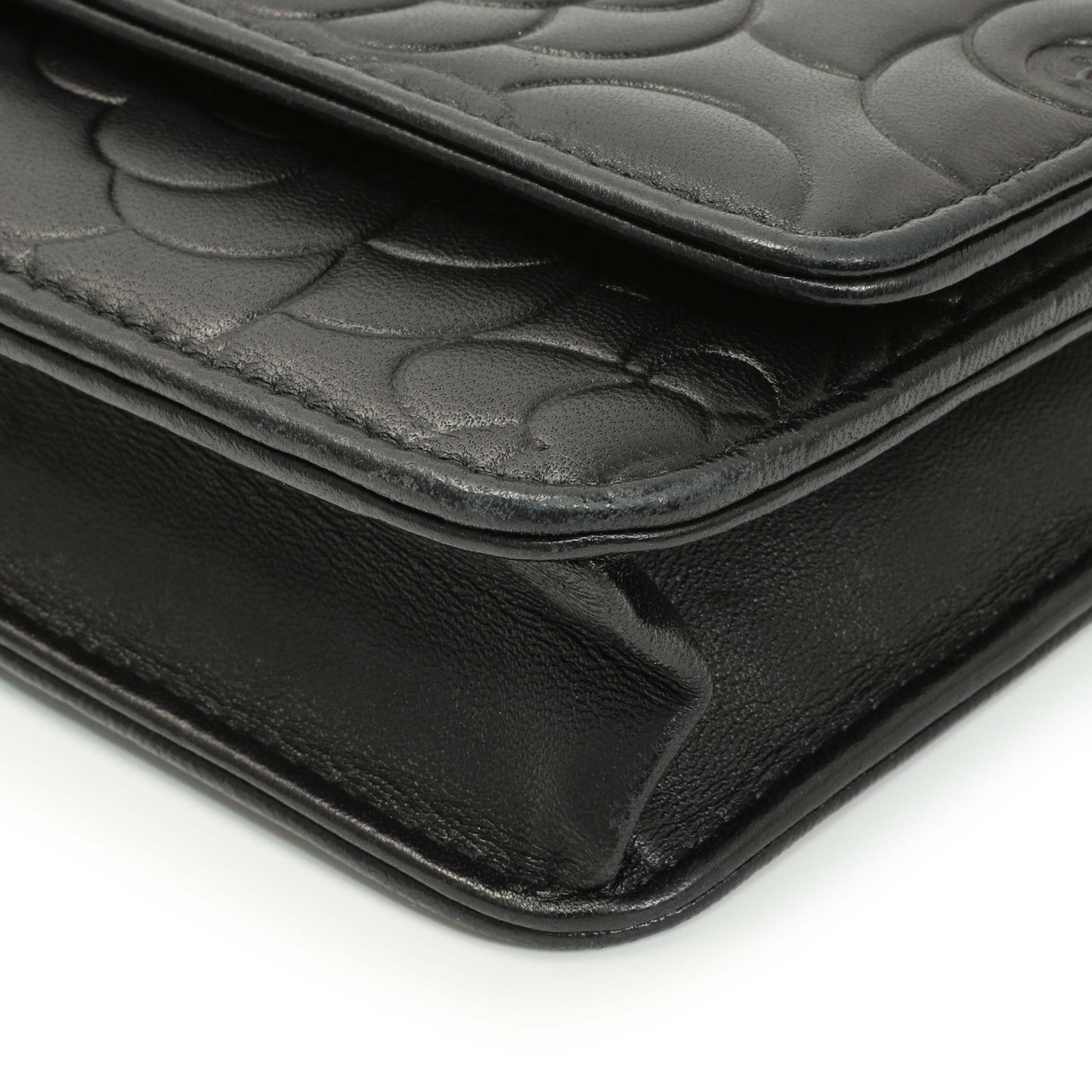 Exclusive Chanel Black Lambskin Camellia Embossed Wallet on Chain — Detail View
