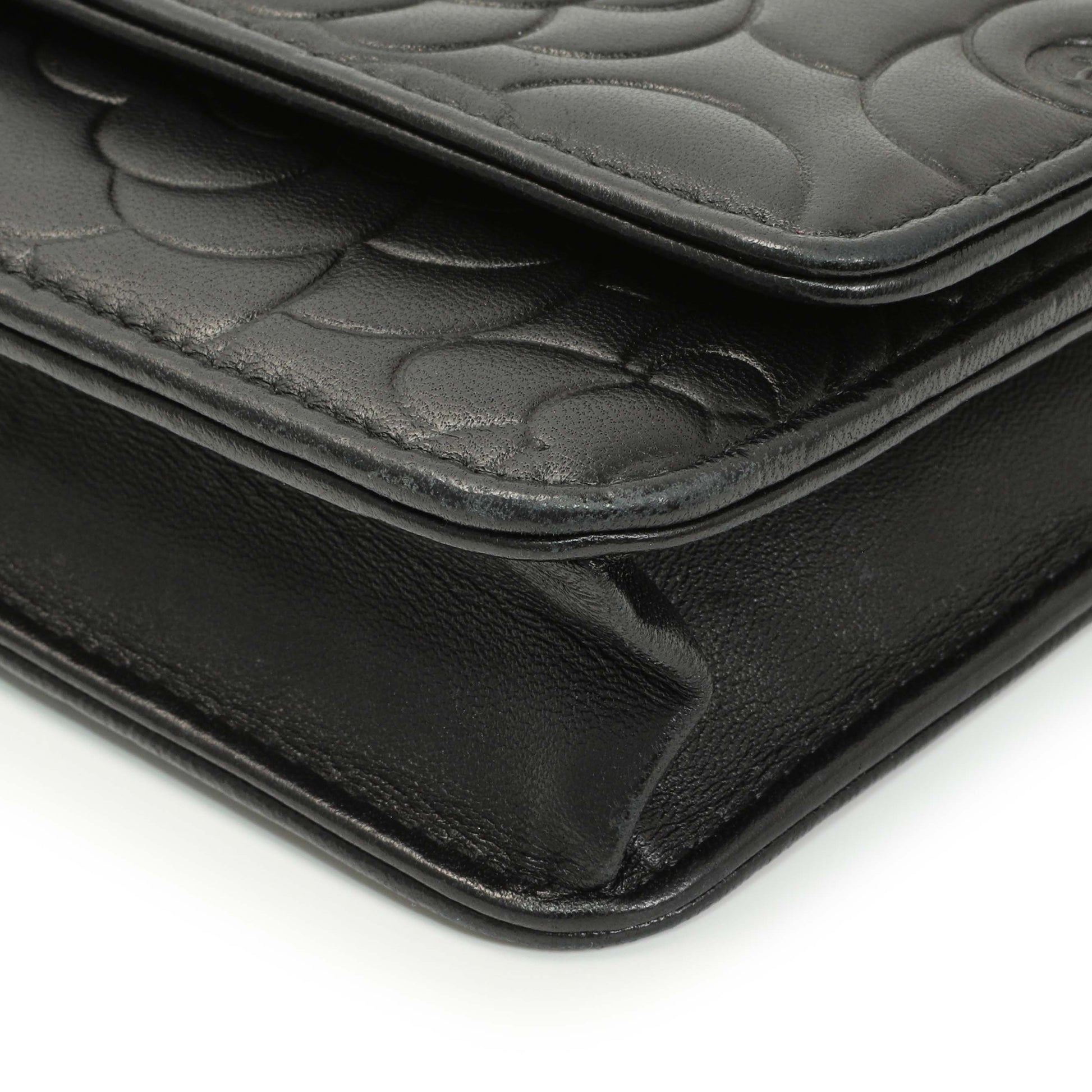 Exclusive Chanel Black Lambskin Camellia Embossed Wallet on Chain — Detail View