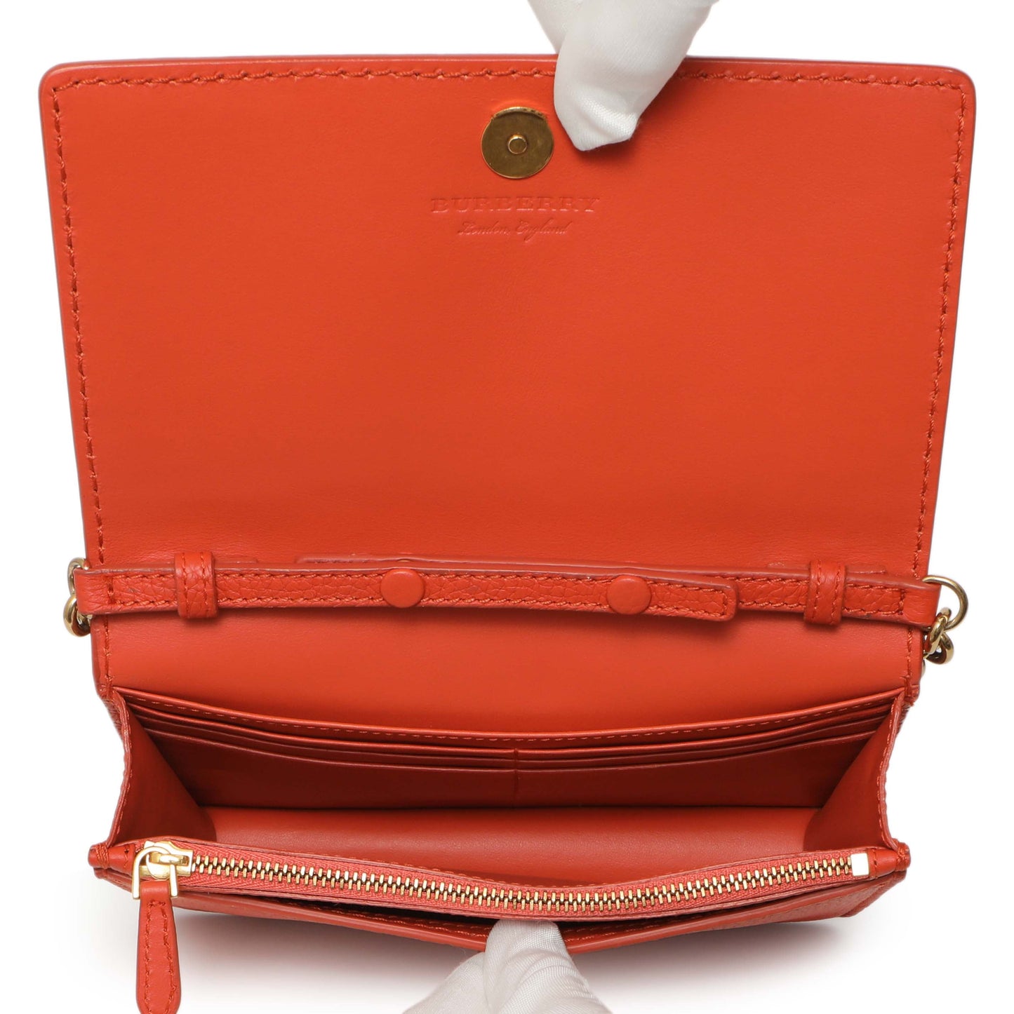 Exclusive Burberry Orange Pebbled Leather Hampshire Wallet On Chain — Top View