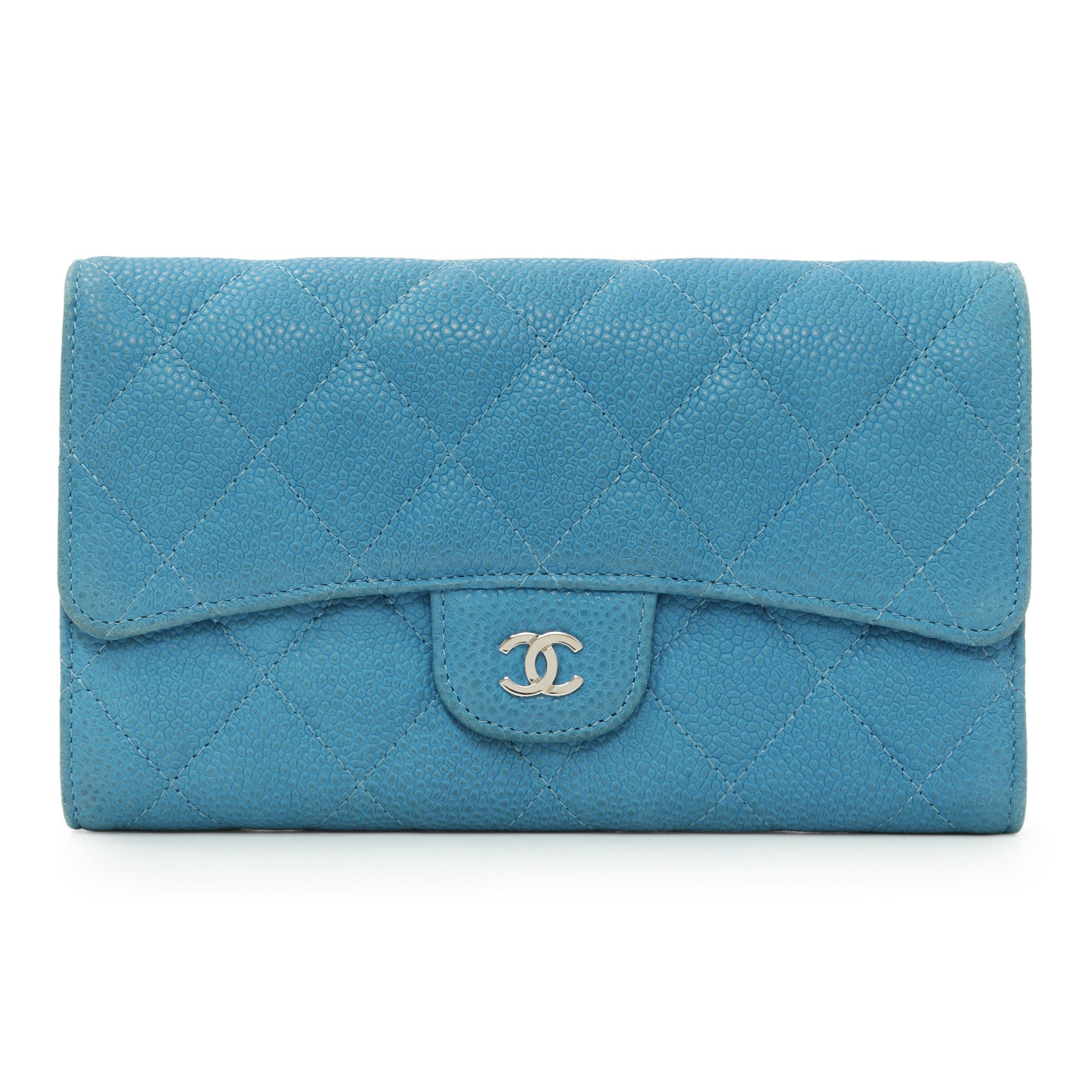 Exclusive Chanel Blue Quilted Caviar Large Flap Wallet — Front View