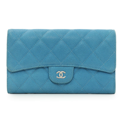 Exclusive Chanel Blue Quilted Caviar Large Flap Wallet — Front View