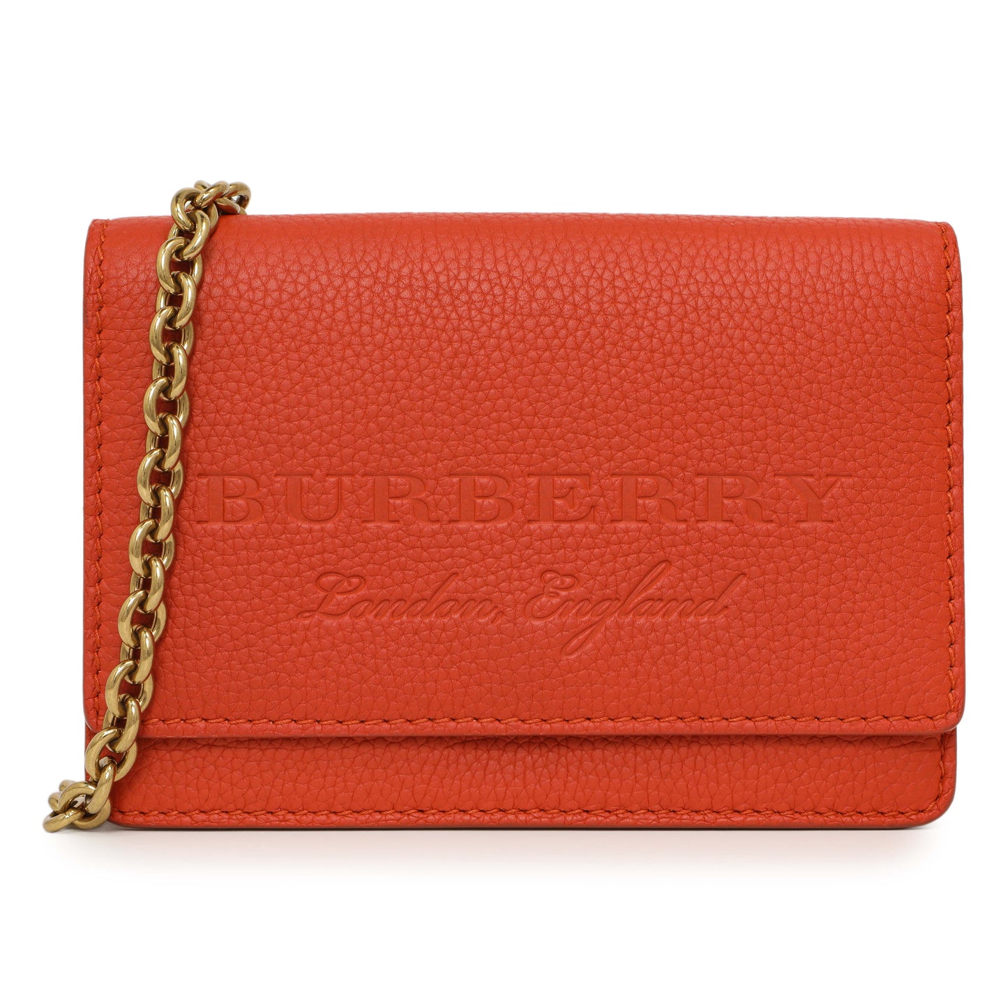 Exclusive Burberry Orange Pebbled Leather Hampshire Wallet On Chain — Front View
