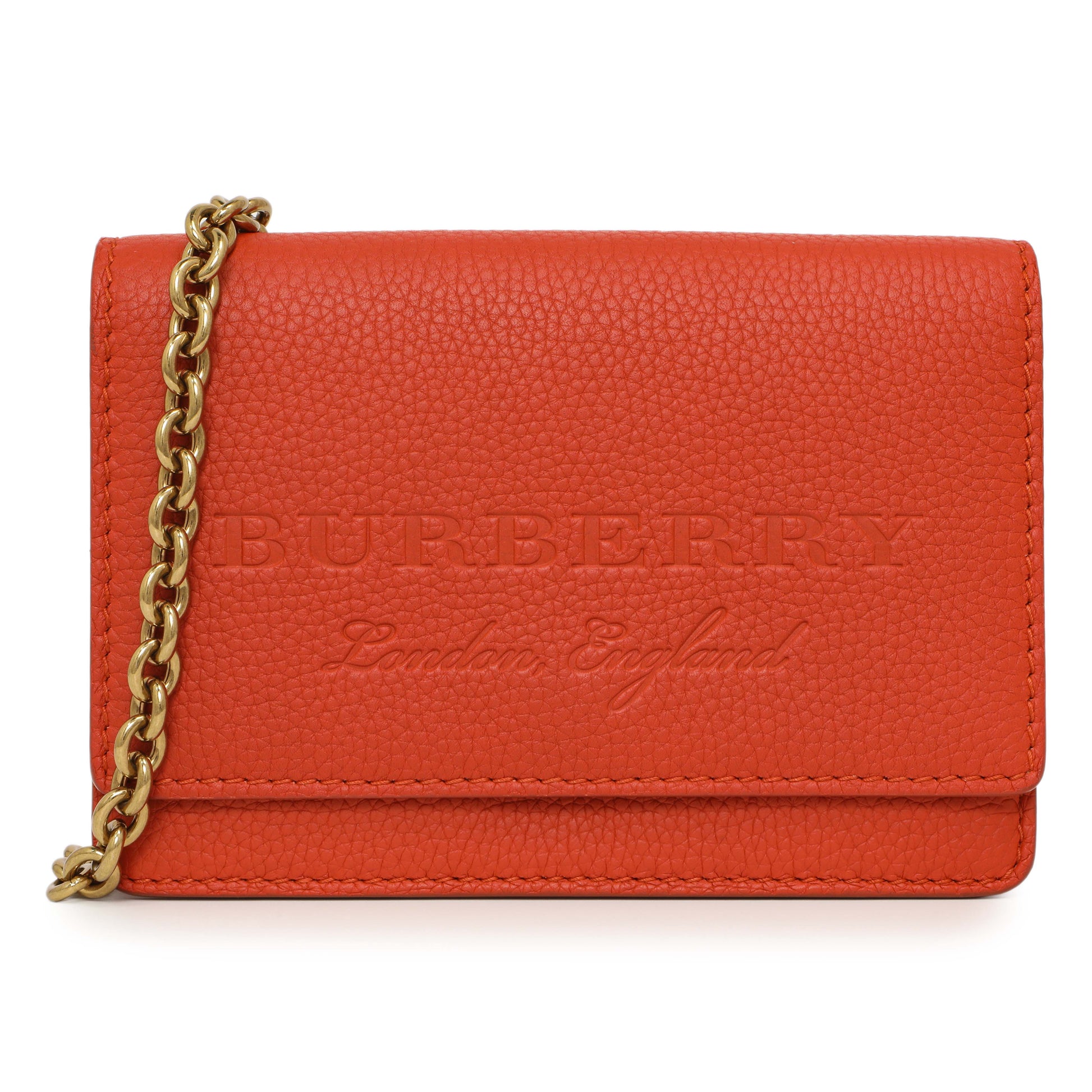 Exclusive Burberry Orange Pebbled Leather Hampshire Wallet On Chain — Front View