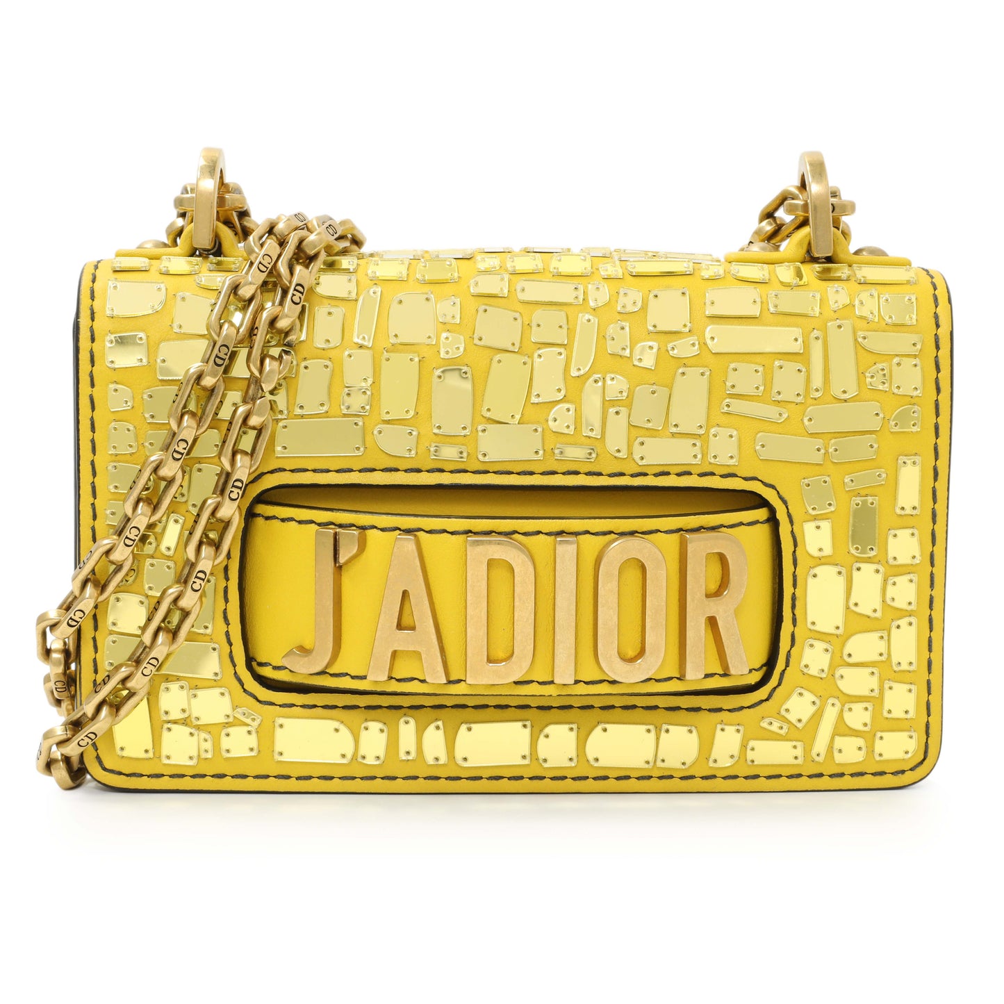 Exclusive Christian Dior Yellow Suede Mosaic of Mirrors Mini J'Adior Chain Flap — Front View