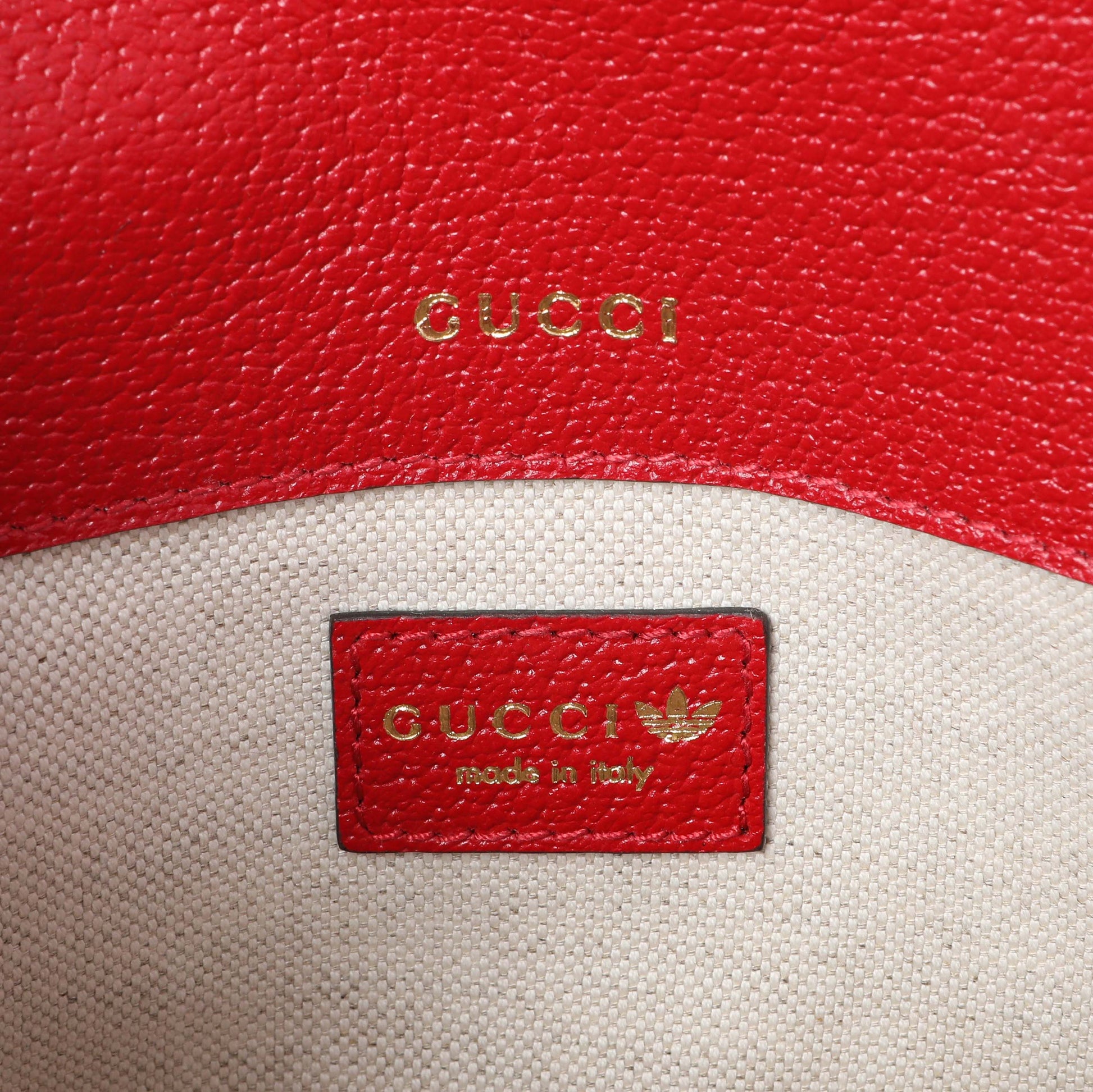 Exclusive Gucci X Adidas Textured Dollar Calfskin Web Trefoil Mini Horsebit 1955 Shoulder Bag Black Red — Detail View