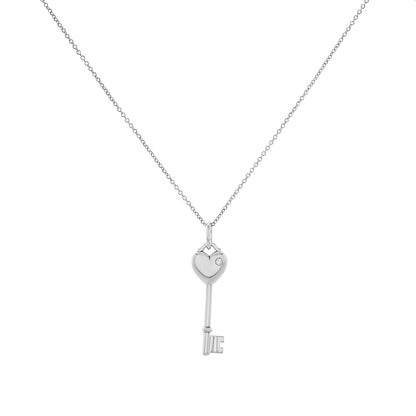 Exclusive Tiffany & Co. Sterling Silver Diamond Heart Key Pendant Necklace — Front View